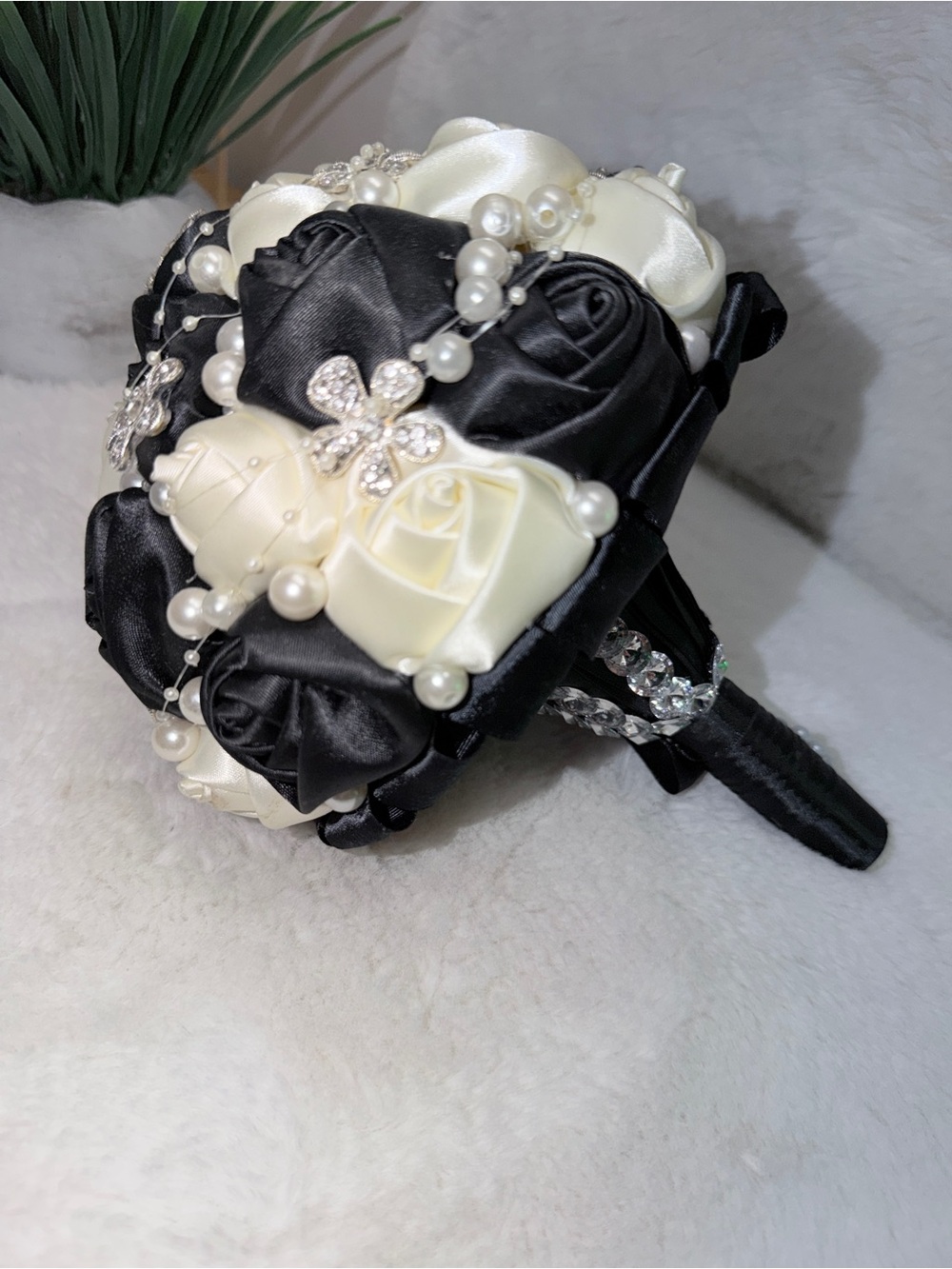 8 Inch Bridal Satin Rose Bouquet with Pearl & Rhinestone Accents 🌹